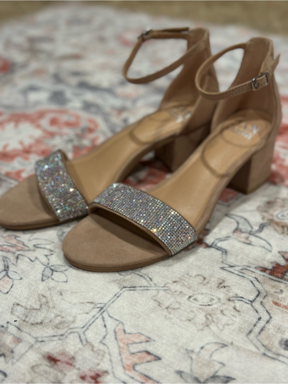 Sparkling Tan Block Heel Sandals with Crystal Toe Strap